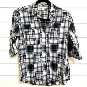 Joie Navy and White  Plaid Button Up Rolled Sleeve Top Size XXS NWOT